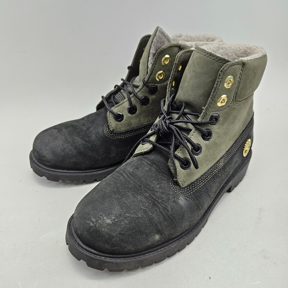 Timberland Boys 6.5 women 8.5 Premium 6" Boots Black Olive Green Nubuck Suede